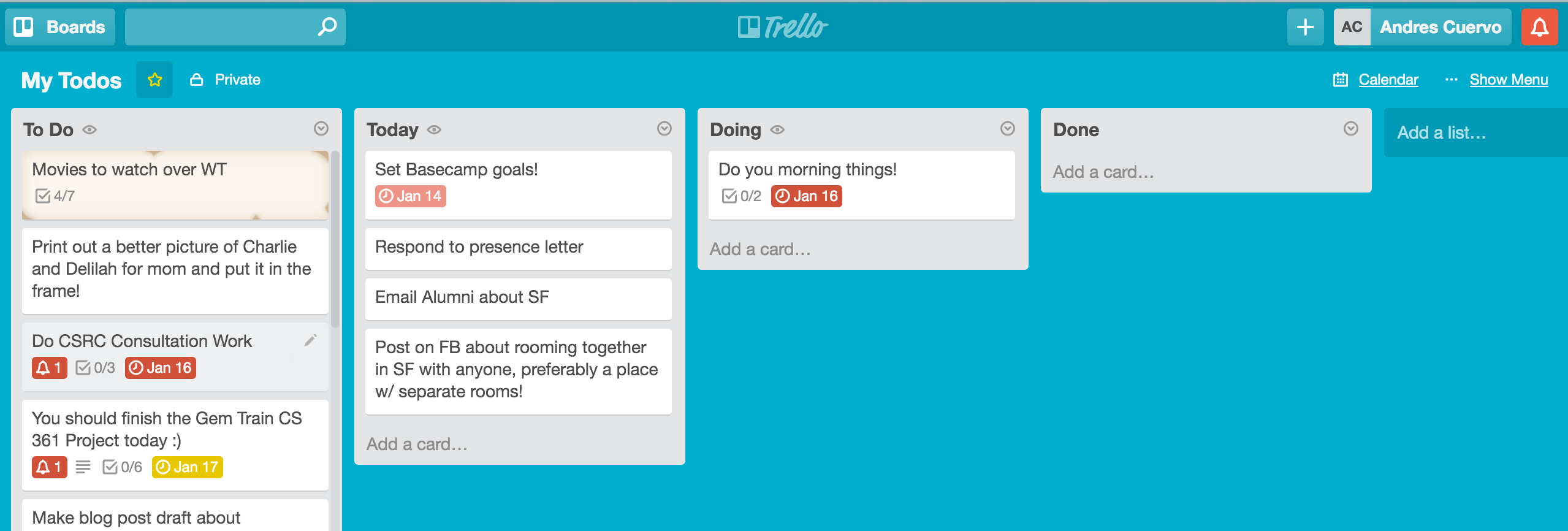A picture of my daily Trello board I used in my journey to productivity.